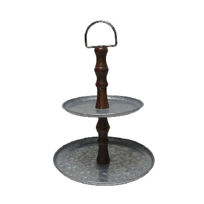 Rustic Galvanized Metal Double Tiered Tray Display Serving Stand with wood Handle