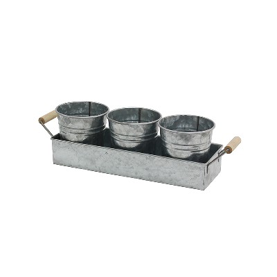 Set of 3 Galvanized Planters and Tray Windowsill Herb Pots