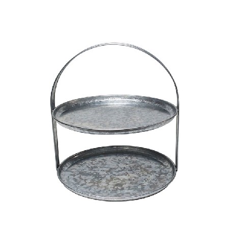 Home Kitchen French Country Style Galvanized Silver Metal Oval 2 tiered serving stand