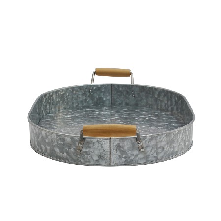 Gray Galvanized Metal Tray with wood Ear Handles