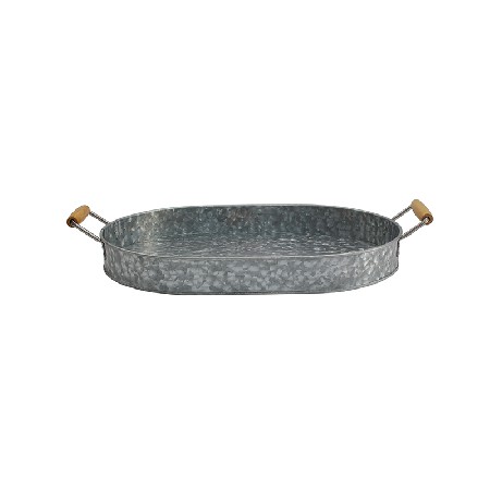 Gray Galvanized Metal Tray with wood Ear Handles