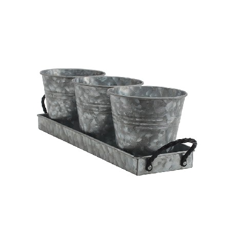 Vintage Finish Galvanized Farmhouse Flower Pot Set with Tray